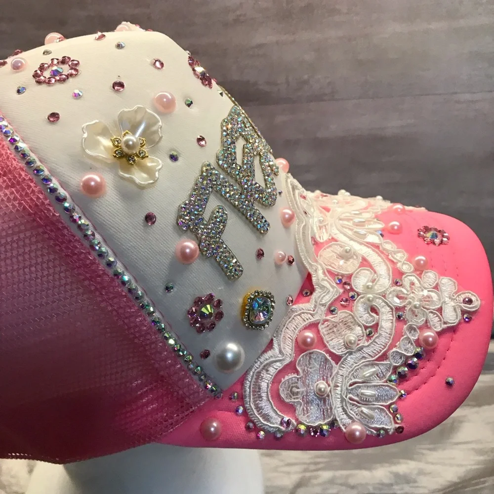 Embellished Pink and White Women’s Trucker Hat - Picture 6 of 11